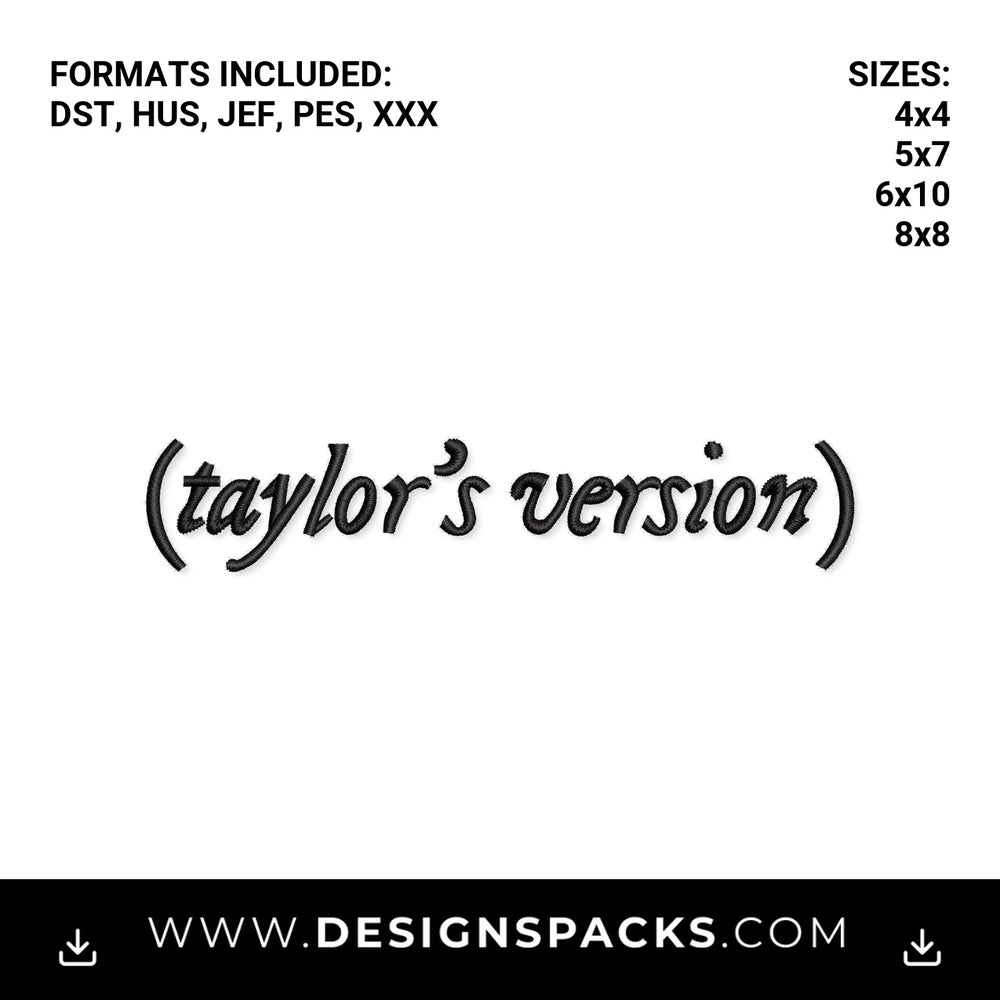 Taylor's Version Cursive Script Text File Embroidery Design - Instant digital download pattern at Designspacks.com