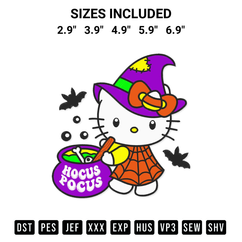 Stitch like a pro with the Hocus Pocus Hello Kitty Halloween Embroidery Design embroidery pattern from Designspacks.com. High-quality digital machine embroidery file. Available sizes: 2.9", 3.9", 4.9", 5.9", 6.9".