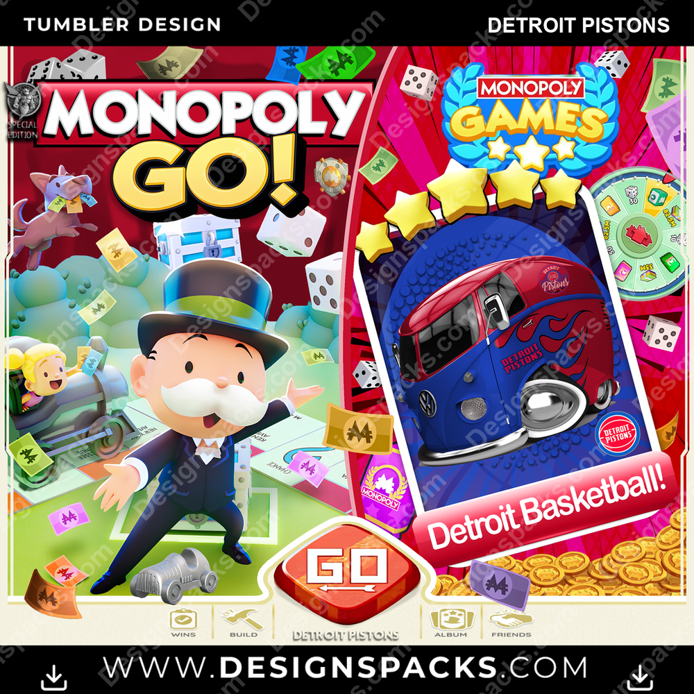 Basketball Monopoly Go! Detroit Pistons NBA Basketball Tumbler Digital Wrap Design Download
