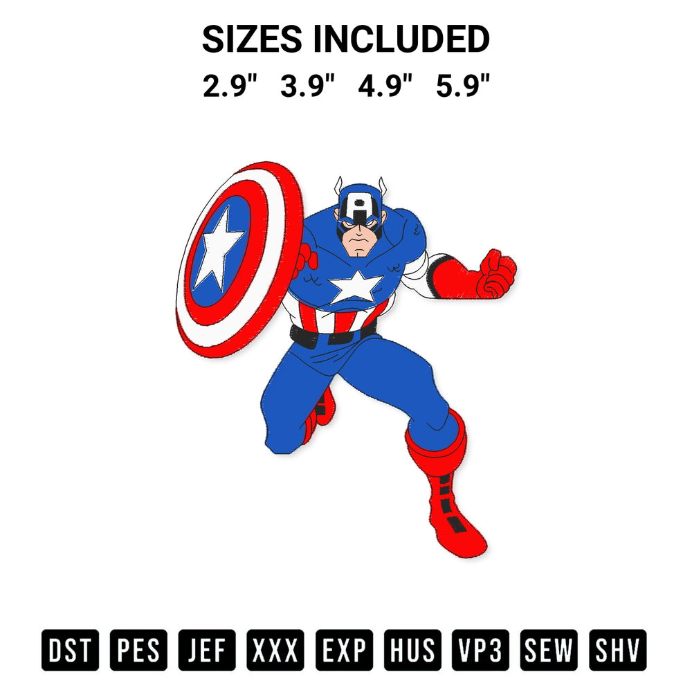 Looking for the perfect pattern? Download the Captain America Embroidery Design embroidery design today at Designspacks.com. Crisp, clean stitching guaranteed. Available sizes: 2.9", 3.9", 4.9", 5.9".