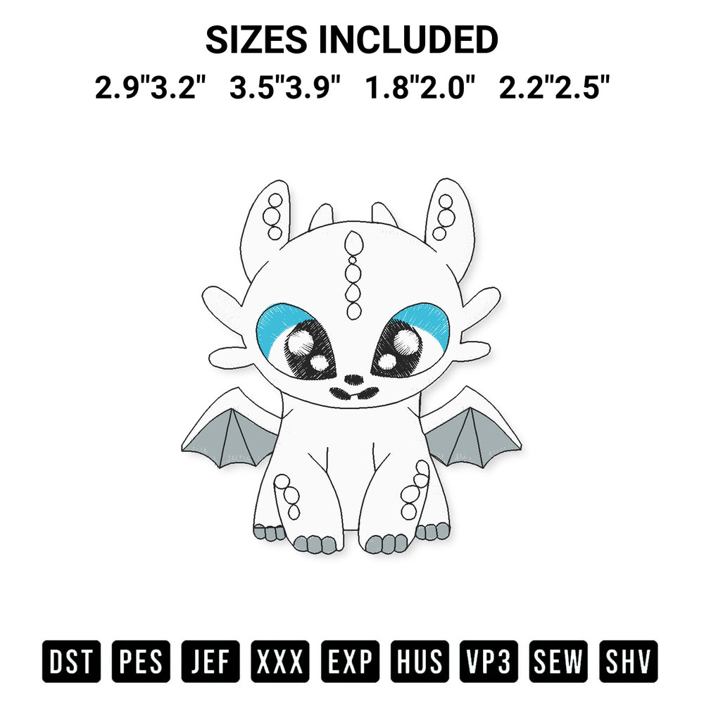Shop the Light Fury Dragon Embroidery Design machine embroidery pattern at Designspacks.com. Beautifully digitized for flawless stitching on any fabric. Available sizes: 2.9"3.2", 3.5"3.9", 1.8"2.0", 2.2"2.5".