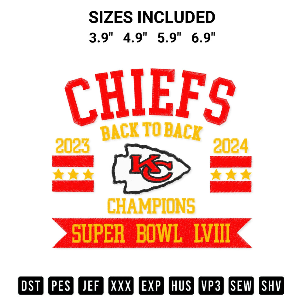 Transform your fabrics with the Chiefs Back To Back Champions Super Bowl Lviii Embroidery Design embroidery design. Instant access to premium digitized patterns at Designspacks.com. Available sizes: 3.9", 4.9", 5.9", 6.9".