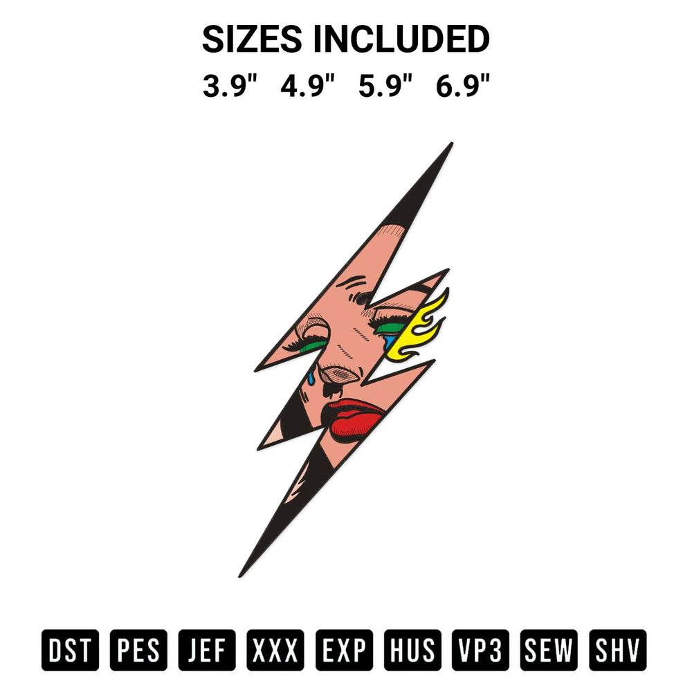 Transform your fabrics with the Girl In Lightning Graphic Tattoo Embroidery Design embroidery design. Instant access to premium digitized patterns at Designspacks.com. Available sizes: 3.9", 4.9", 5.9", 6.9".