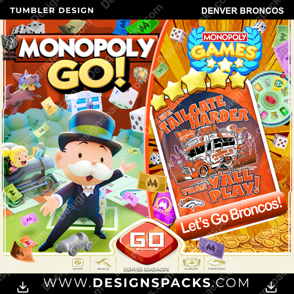 Football Monopoly Go! Denver Broncos NFL Football Tumbler Digital Wrap Design Download