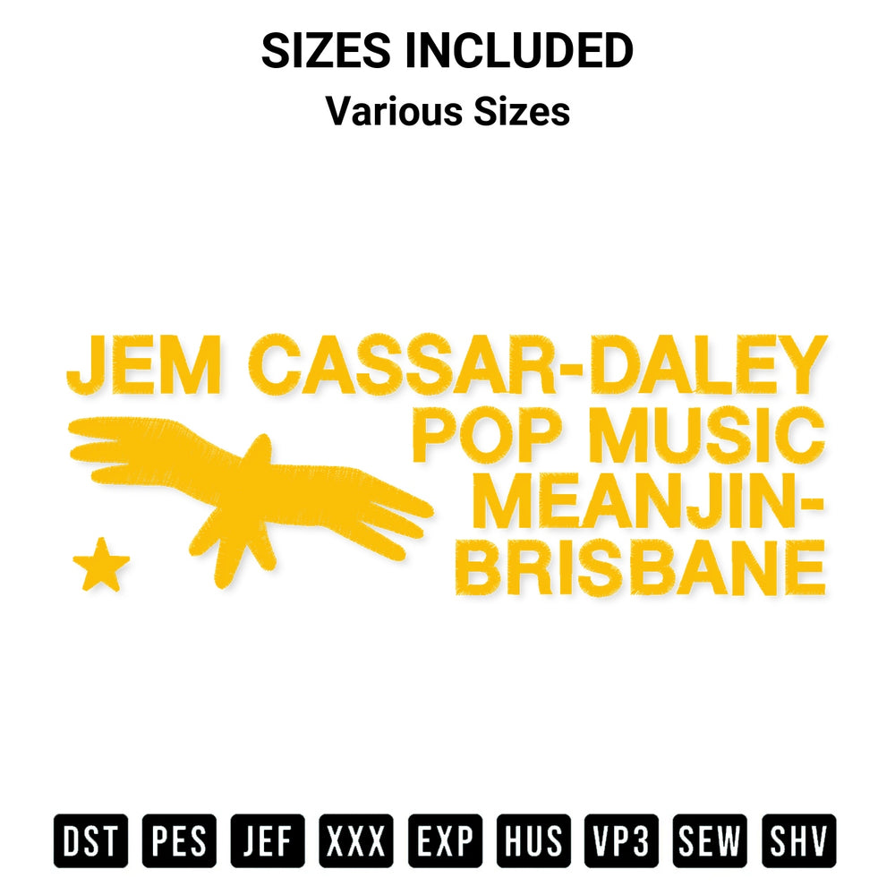 Transform your fabrics with the Jem Cassar Daley Pop Music Meanjin Brisbane Embroidery Design embroidery design. Instant access to premium digitized patterns at Designspacks.com. Available sizes: Various Sizes.