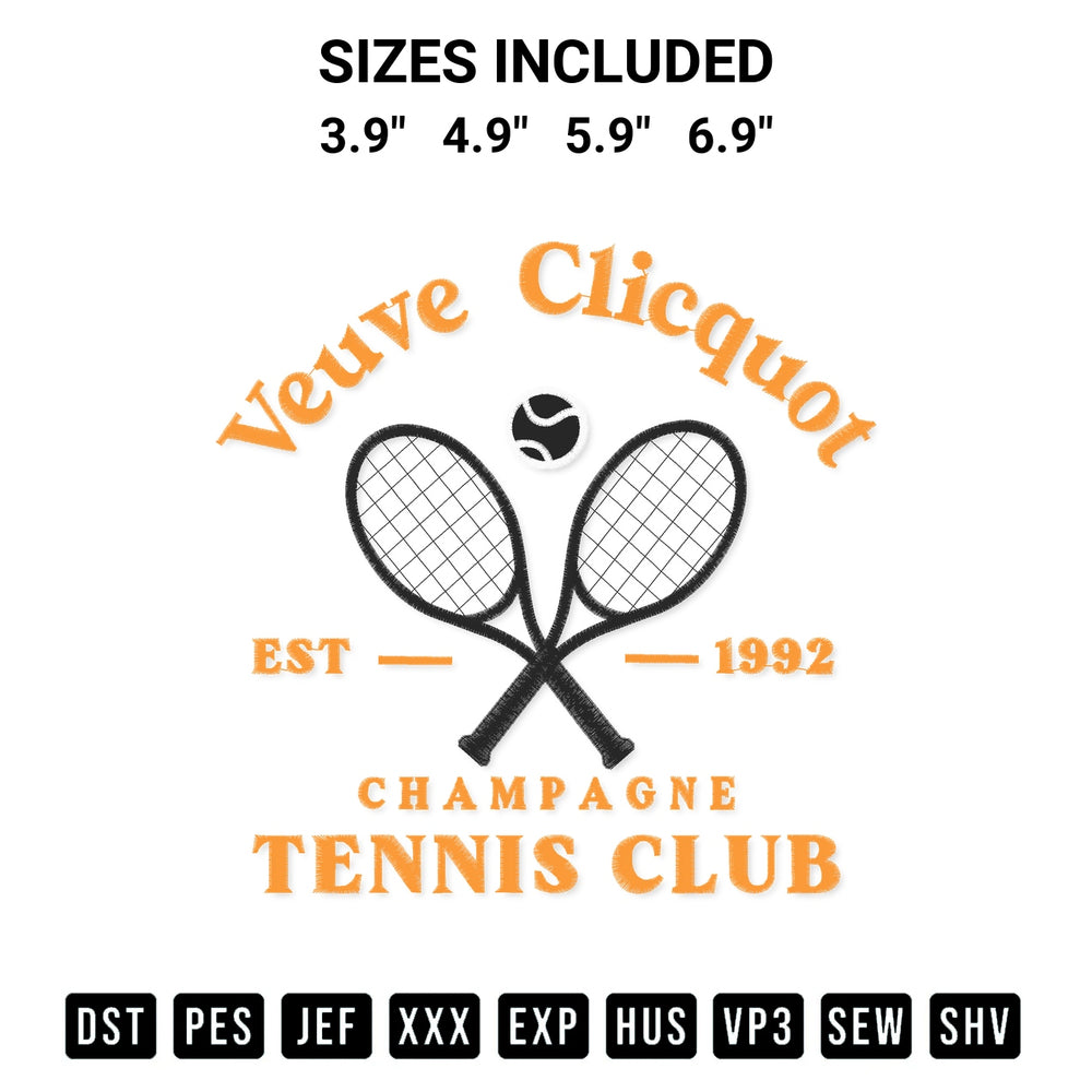 Download the Veuve Clicquot Champagne Tennis Club Embroidery Design machine embroidery design exclusively at Designspacks.com. Premium digitized pattern for apparel and DIY crafts. Available sizes: 3.9", 4.9", 5.9", 6.9".