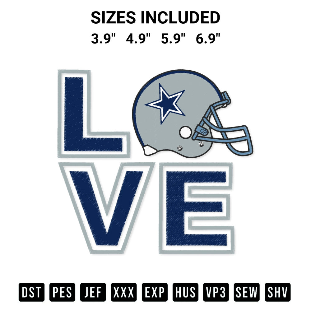 Download the Love Dallas Cowboys Helmet Embroidery Design machine embroidery design exclusively at Designspacks.com. Premium digitized pattern for apparel and DIY crafts. Available sizes: 3.9", 4.9", 5.9", 6.9".