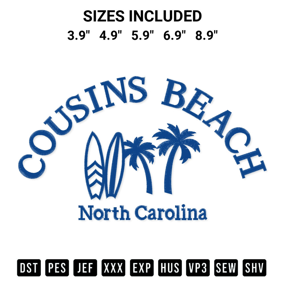 Stitch like a pro with the Cousins Beach Embroidery Design embroidery pattern from Designspacks.com. High-quality digital machine embroidery file. Available sizes: 3.9", 4.9", 5.9", 6.9", 8.9".