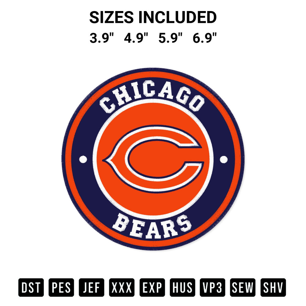 Elevate your next project with our Chicago Bears Circle Logo Embroidery Design embroidery file. Shop high-quality digital patterns instantly at Designspacks.com. Available sizes: 3.9", 4.9", 5.9", 6.9".