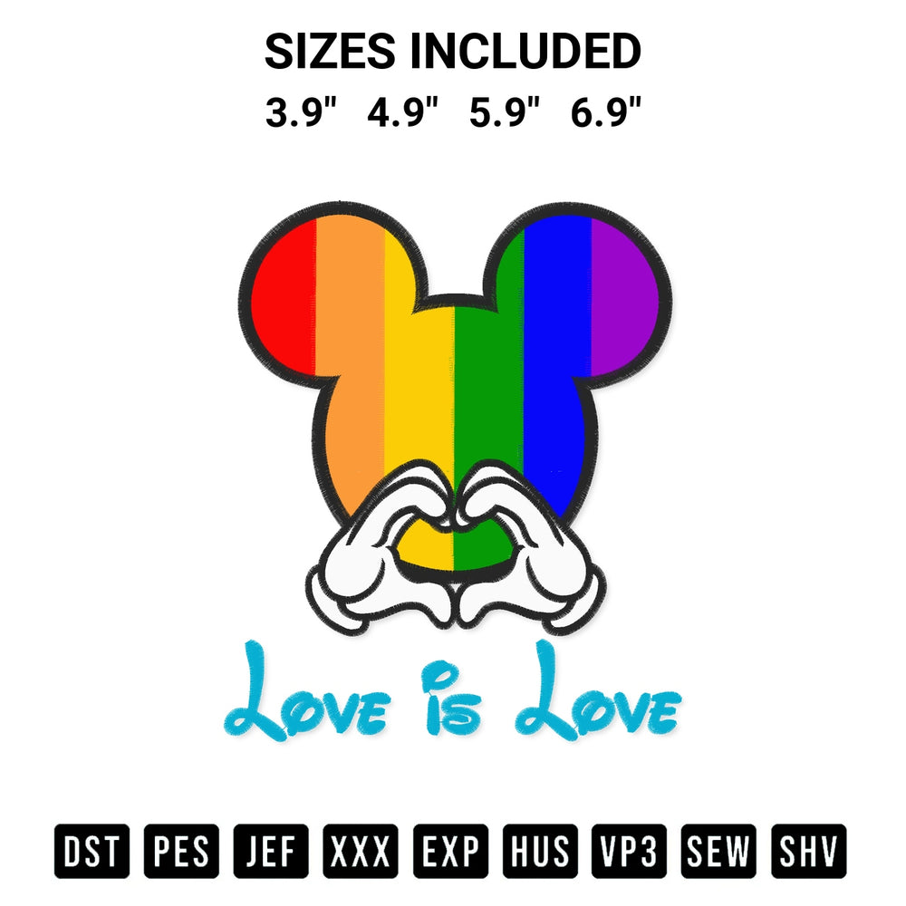 Discover the perfect addition to your crafting collection: Lgbt Mickey Mouse Love Is Love Embroidery Design embroidery file. Instantly available at Designspacks.com. Available sizes: 3.9", 4.9", 5.9", 6.9".