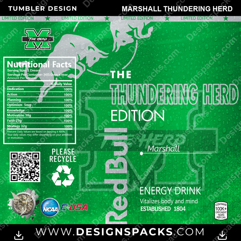 College Sport Red Bull Marshall Thundering Herd Tumbler Digital Wrap Design