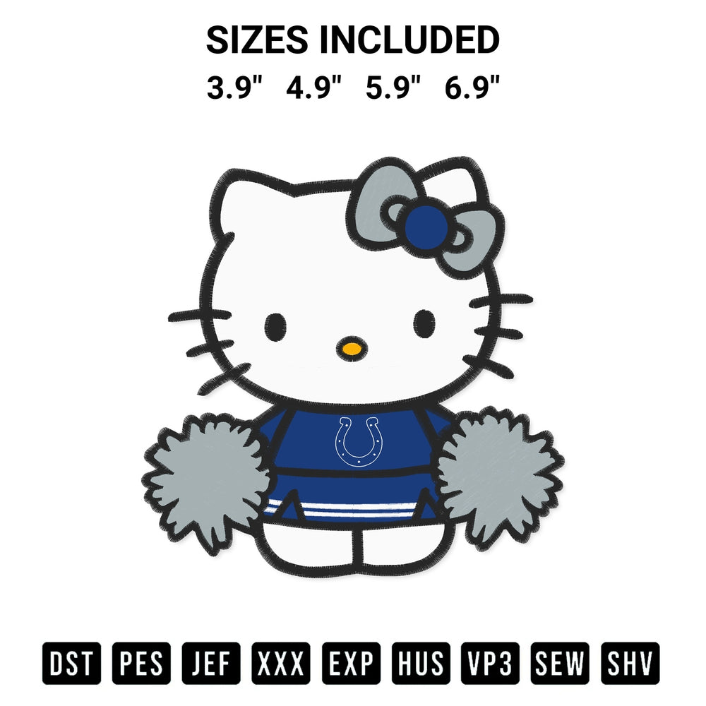 Discover the perfect addition to your crafting collection: Indianapolis Colts Hello Kitty Cheerleader Embroidery Design embroidery file. Instantly available at Designspacks.com. Available sizes: 3.9", 4.9", 5.9", 6.9".