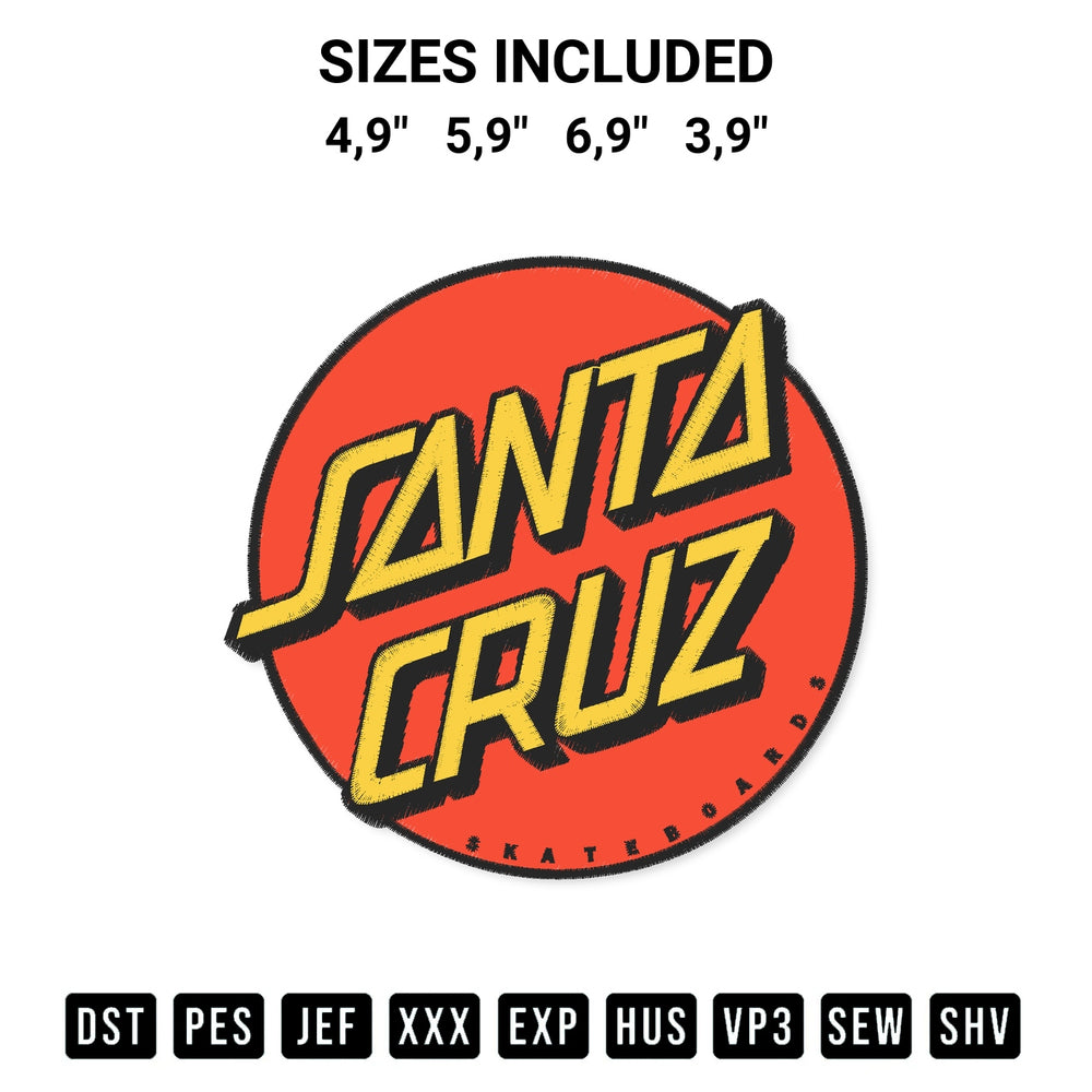 Create amazing crafts with the Santa Cruz Classic Dot Santa Cruz Skateboard Embroidery Design embroidery file. High-quality digital download from Designspacks.com, perfect for beginners and pros. Available sizes: 4,9", 5,9", 6,9", 3,9".