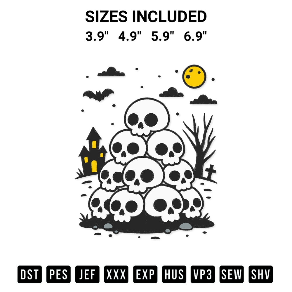 Create amazing crafts with the Halloween Skull Pile Spooky Embroidery Design embroidery file. High-quality digital download from Designspacks.com, perfect for beginners and pros. Available sizes: 3.9", 4.9", 5.9", 6.9".