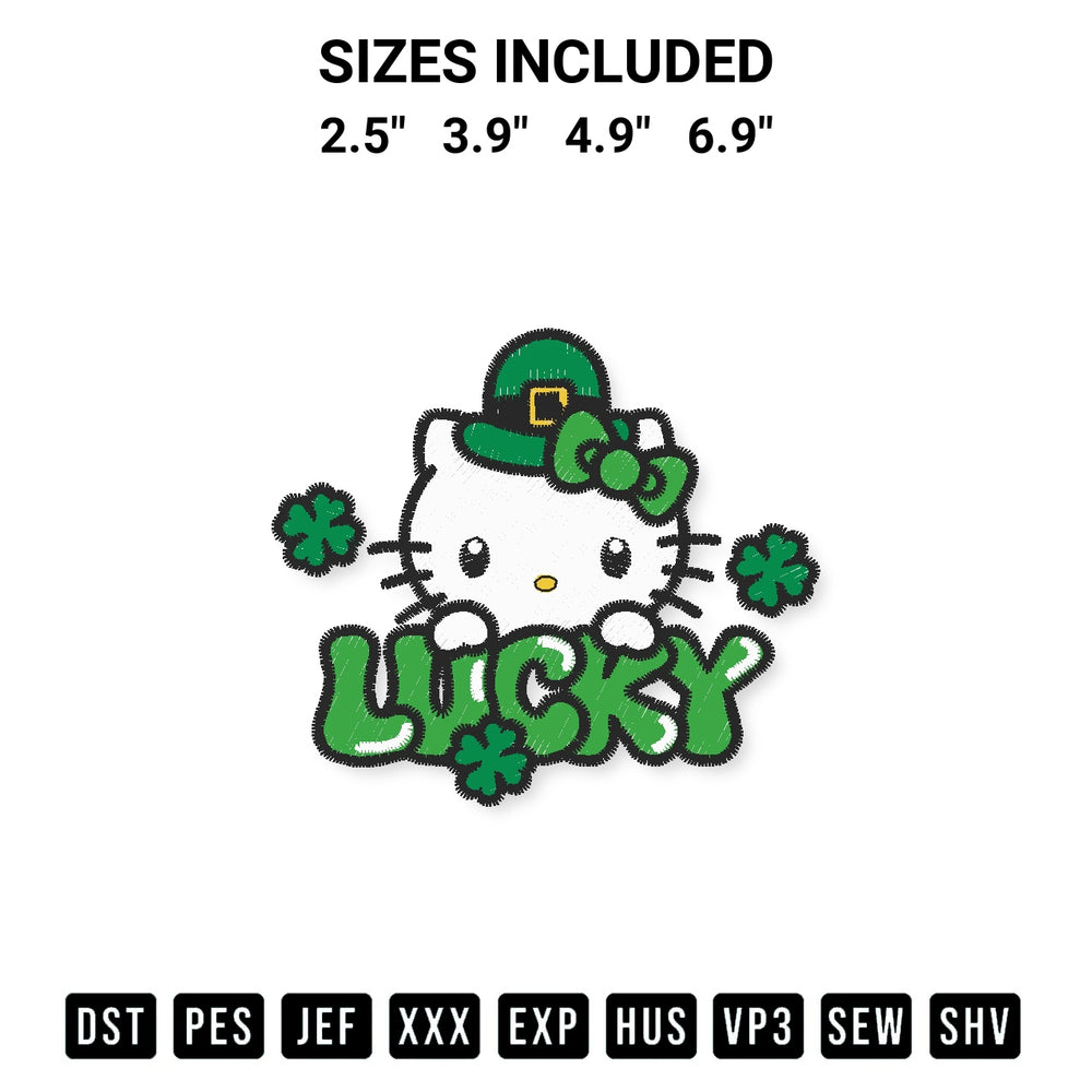 Elevate your next project with our Lucky Hello Kitty St Patricks Day Embroidery Design embroidery file. Shop high-quality digital patterns instantly at Designspacks.com. Available sizes: 2.5", 3.9", 4.9", 6.9".