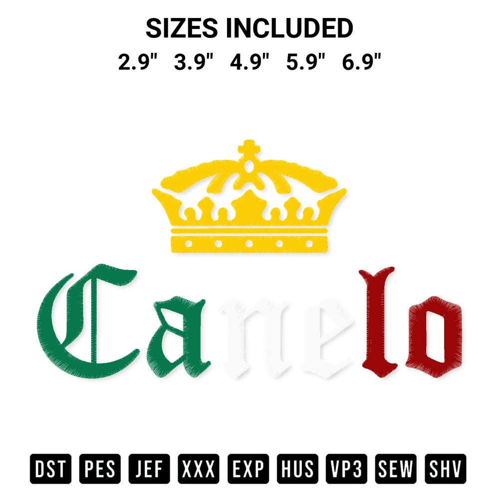 Stitch like a pro with the Canelo Corona Embroidery Design embroidery pattern from Designspacks.com. High-quality digital machine embroidery file. Available sizes: 2.9", 3.9", 4.9", 5.9", 6.9".