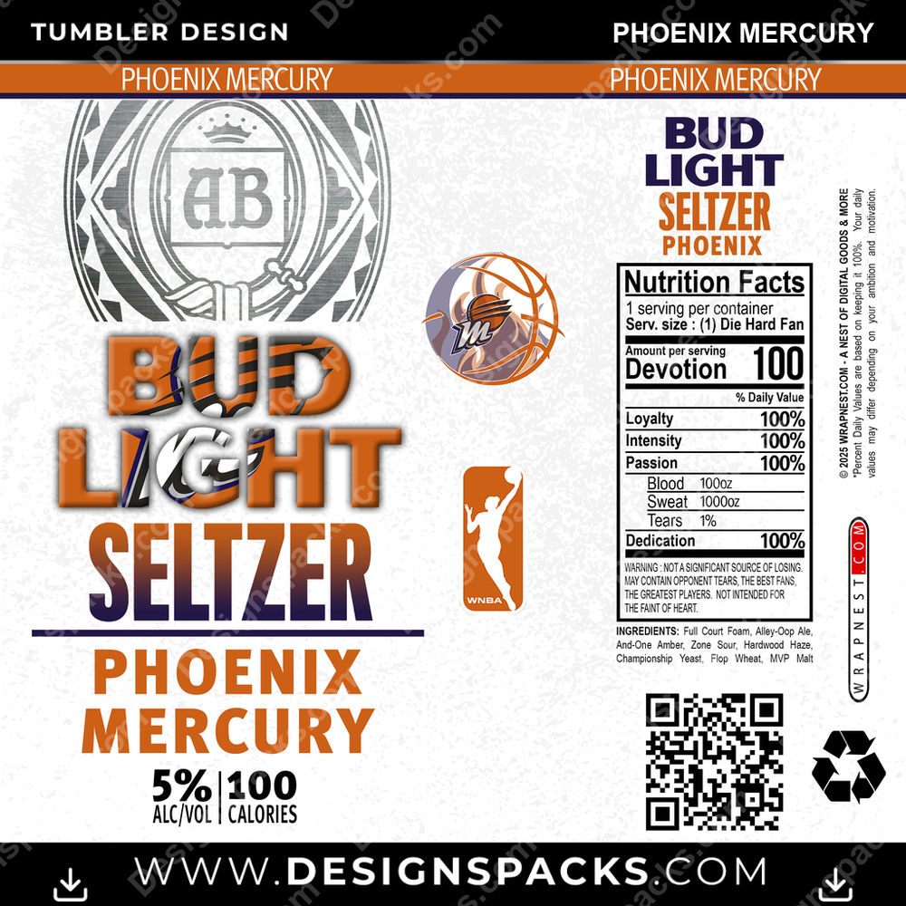 Basketball Bud Light Seltzer Phoenix Mercury Tumbler Digital Wrap Design