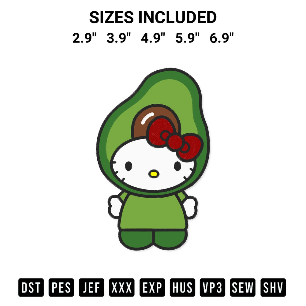 Transform your fabrics with the Hello Kitty Avocado Embroidery Design embroidery design. Instant access to premium digitized patterns at Designspacks.com. Available sizes: 2.9", 3.9", 4.9", 5.9", 6.9".
