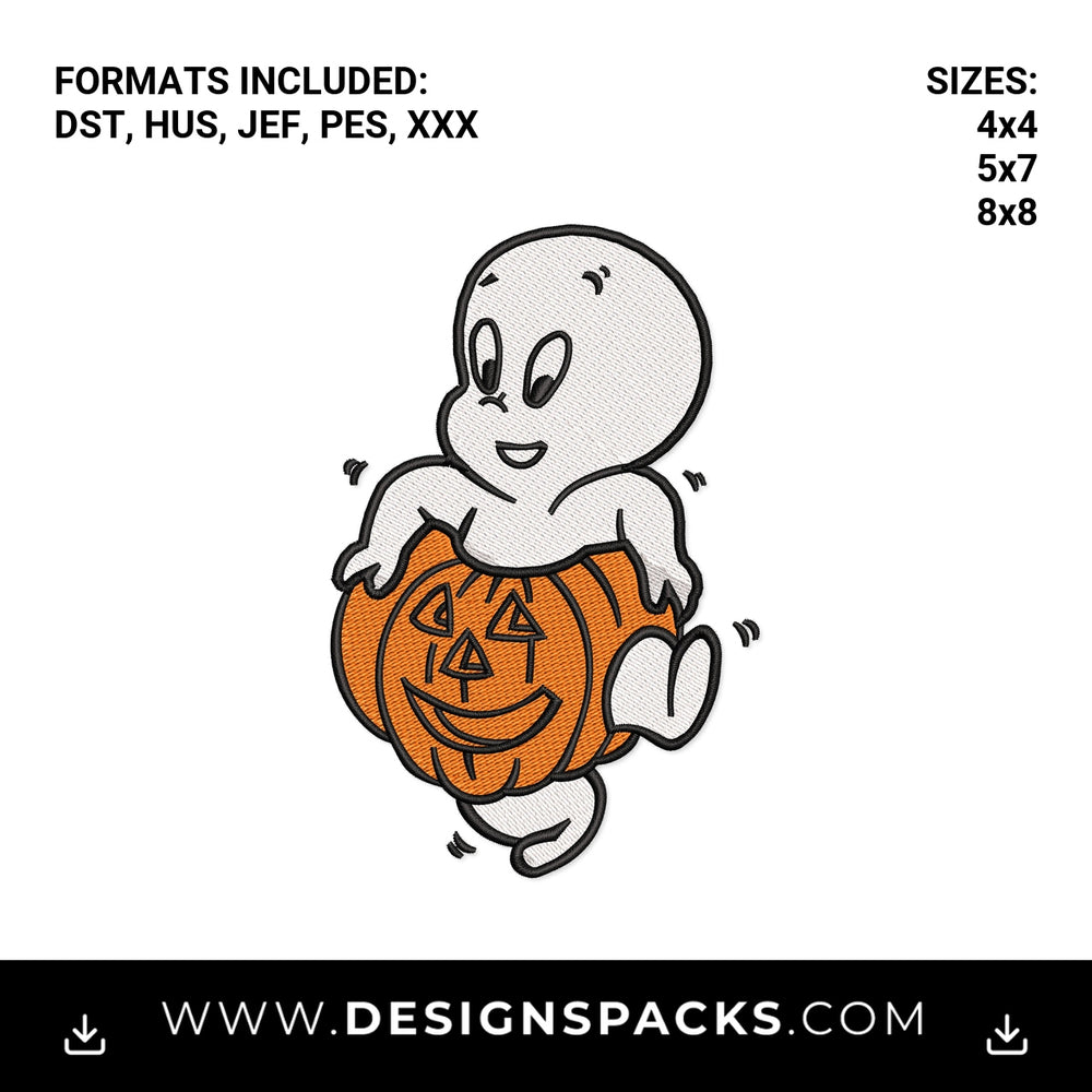 Cute Ghost Hugging Halloween Pumpkin Embroidery Design - Instant digital download pattern at Designspacks.com