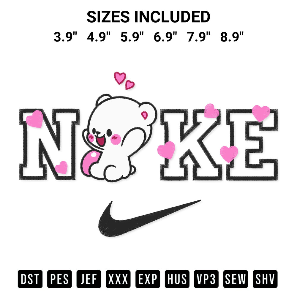 Shop the Nike Milk Bear Embroidery Design machine embroidery pattern at Designspacks.com. Beautifully digitized for flawless stitching on any fabric. Available sizes: 3.9", 4.9", 5.9", 6.9", 7.9", 8.9".