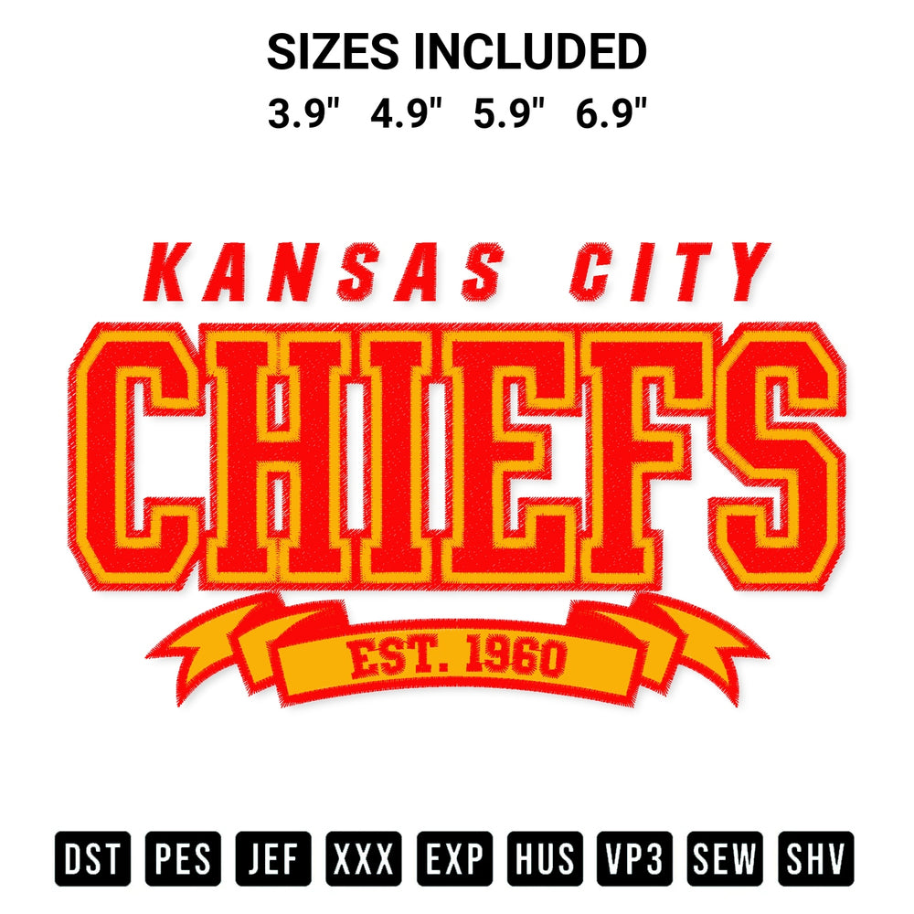 Stitch like a pro with the Football Kc Chiefs Est 1960 Embroidery Design embroidery pattern from Designspacks.com. High-quality digital machine embroidery file. Available sizes: 3.9", 4.9", 5.9", 6.9".