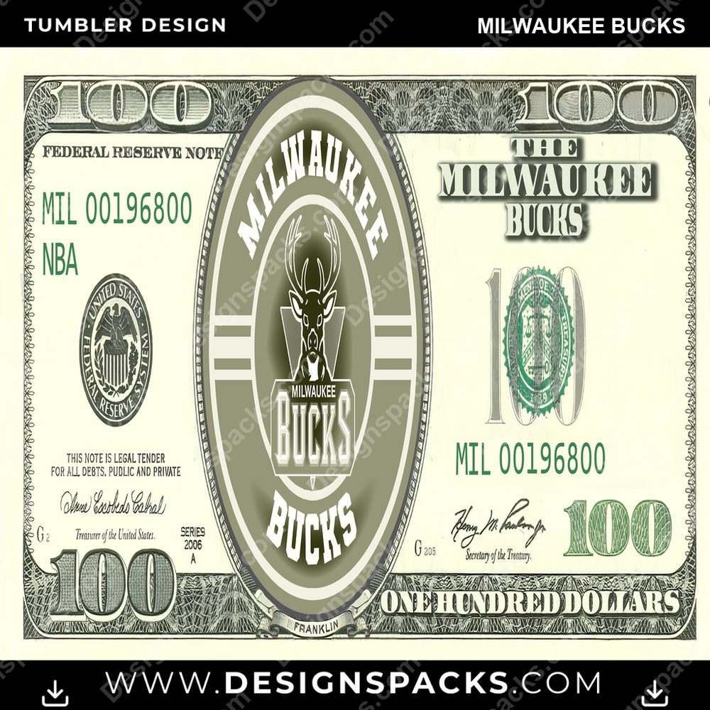 Basketball 100 Dollar Bill Milwaukee Bucks Tumbler Digital Wrap Design