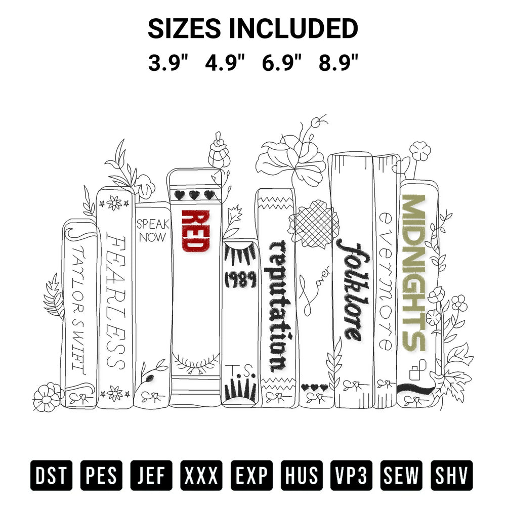 Add a unique touch to your apparel with the Red Books Swifty Love Embroidery Design embroidery file. Premium instant download available now on Designspacks.com. Available sizes: 3.9", 4.9", 6.9", 8.9".