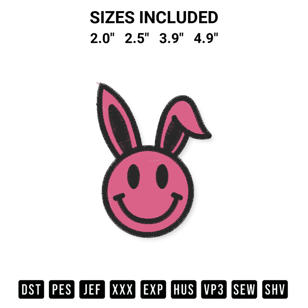 Add a unique touch to your apparel with the Smiley Face Bunny Embroidery Design embroidery file. Premium instant download available now on Designspacks.com. Available sizes: 2.0", 2.5", 3.9", 4.9".