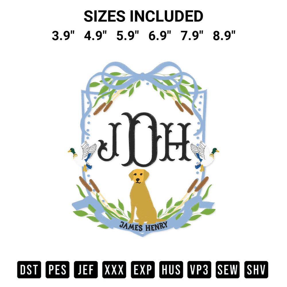 Looking for the perfect pattern? Download the James Henry Banner Frame Dog And Duck Embroidery Design embroidery design today at Designspacks.com. Crisp, clean stitching guaranteed. Available sizes: 3.9", 4.9", 5.9", 6.9", 7.9", 8.9".