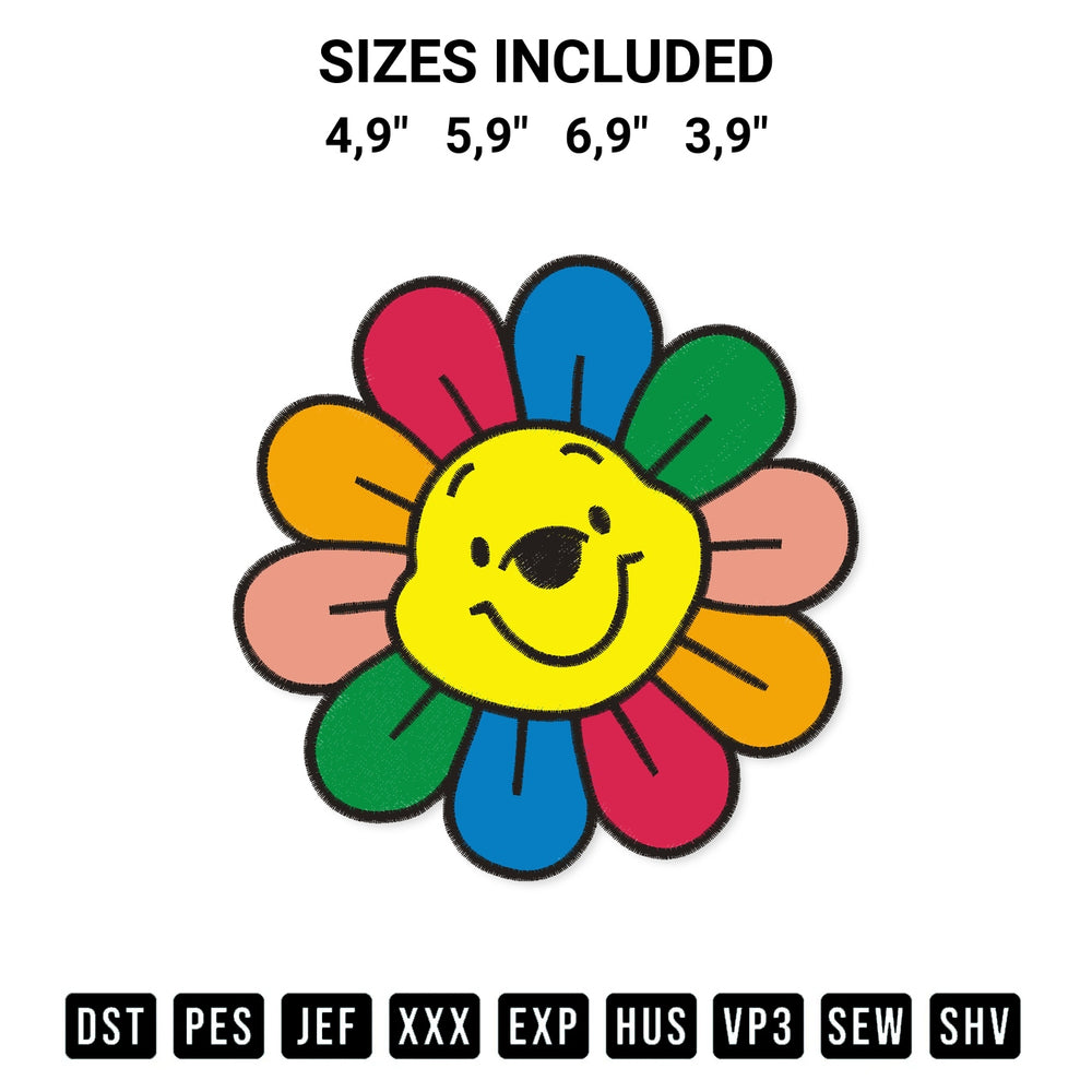 Download the Sunflower Pooh Bear Face Logo Embroidery Design machine embroidery design exclusively at Designspacks.com. Premium digitized pattern for apparel and DIY crafts. Available sizes: 4,9", 5,9", 6,9", 3,9".