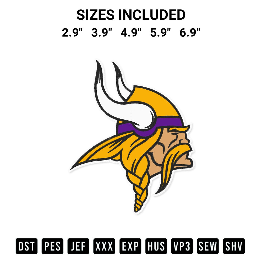 Download the Minnesota Vikings Logo Embroidery Design machine embroidery design exclusively at Designspacks.com. Premium digitized pattern for apparel and DIY crafts. Available sizes: 2.9", 3.9", 4.9", 5.9", 6.9".