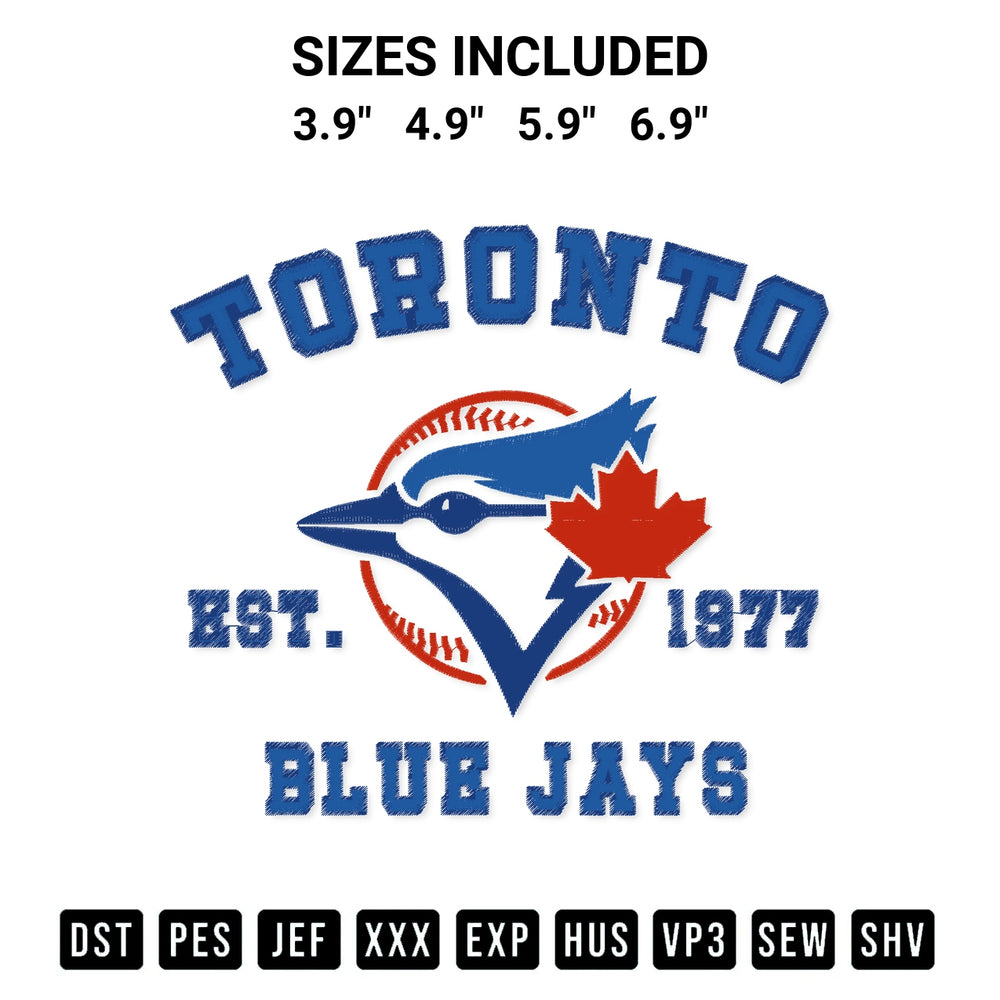 Add a unique touch to your apparel with the Toronto Blue Jays Baseball Embroidery Design embroidery file. Premium instant download available now on Designspacks.com. Available sizes: 3.9", 4.9", 5.9", 6.9".