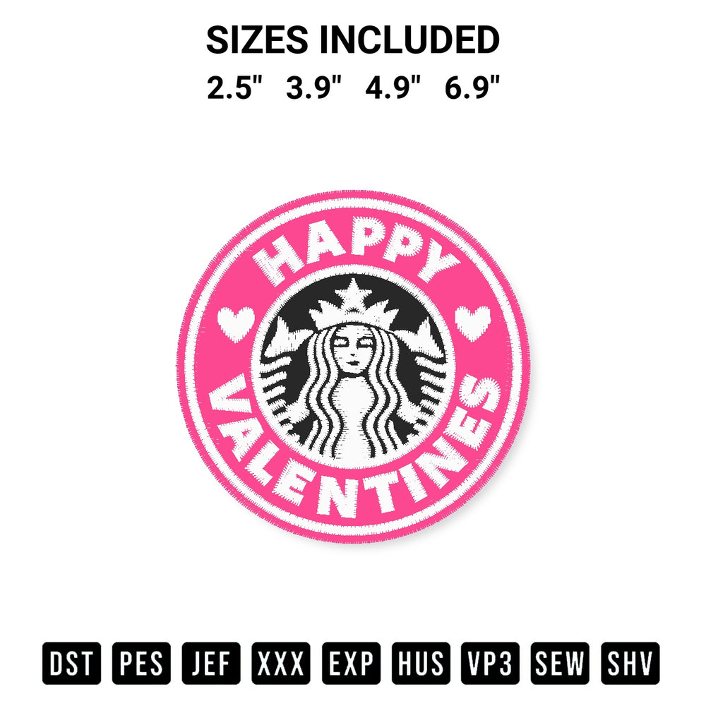 Download the Happy Valentines Starbucks Embroidery Design machine embroidery design exclusively at Designspacks.com. Premium digitized pattern for apparel and DIY crafts. Available sizes: 2.5", 3.9", 4.9", 6.9".