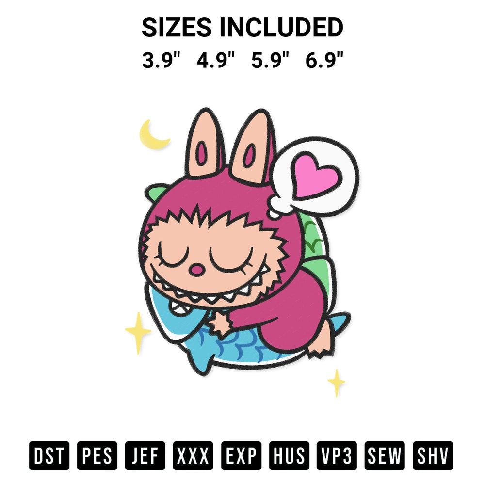 Download the Sleeping Labubu Embroidery Design machine embroidery design exclusively at Designspacks.com. Premium digitized pattern for apparel and DIY crafts. Available sizes: 3.9", 4.9", 5.9", 6.9".