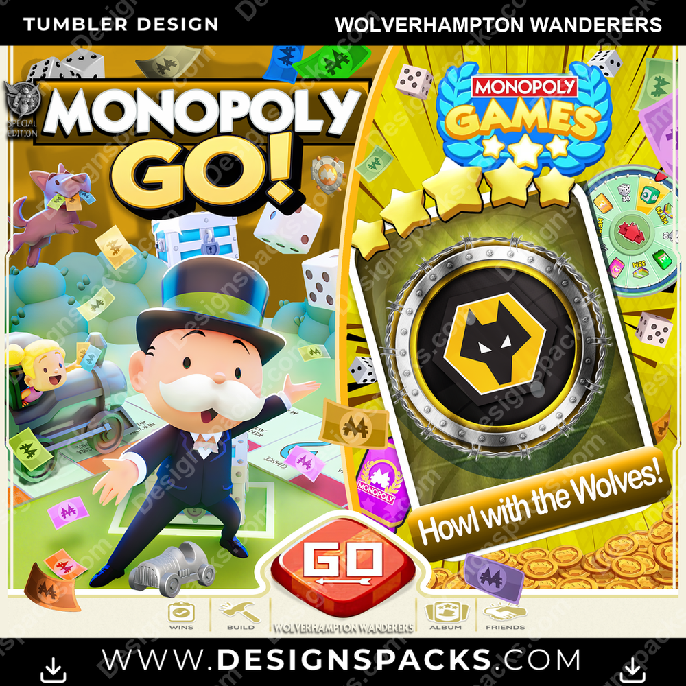 Soccer UK Monopoly Go! Wolverhampton Wanderers Tumbler Digital Wrap Design