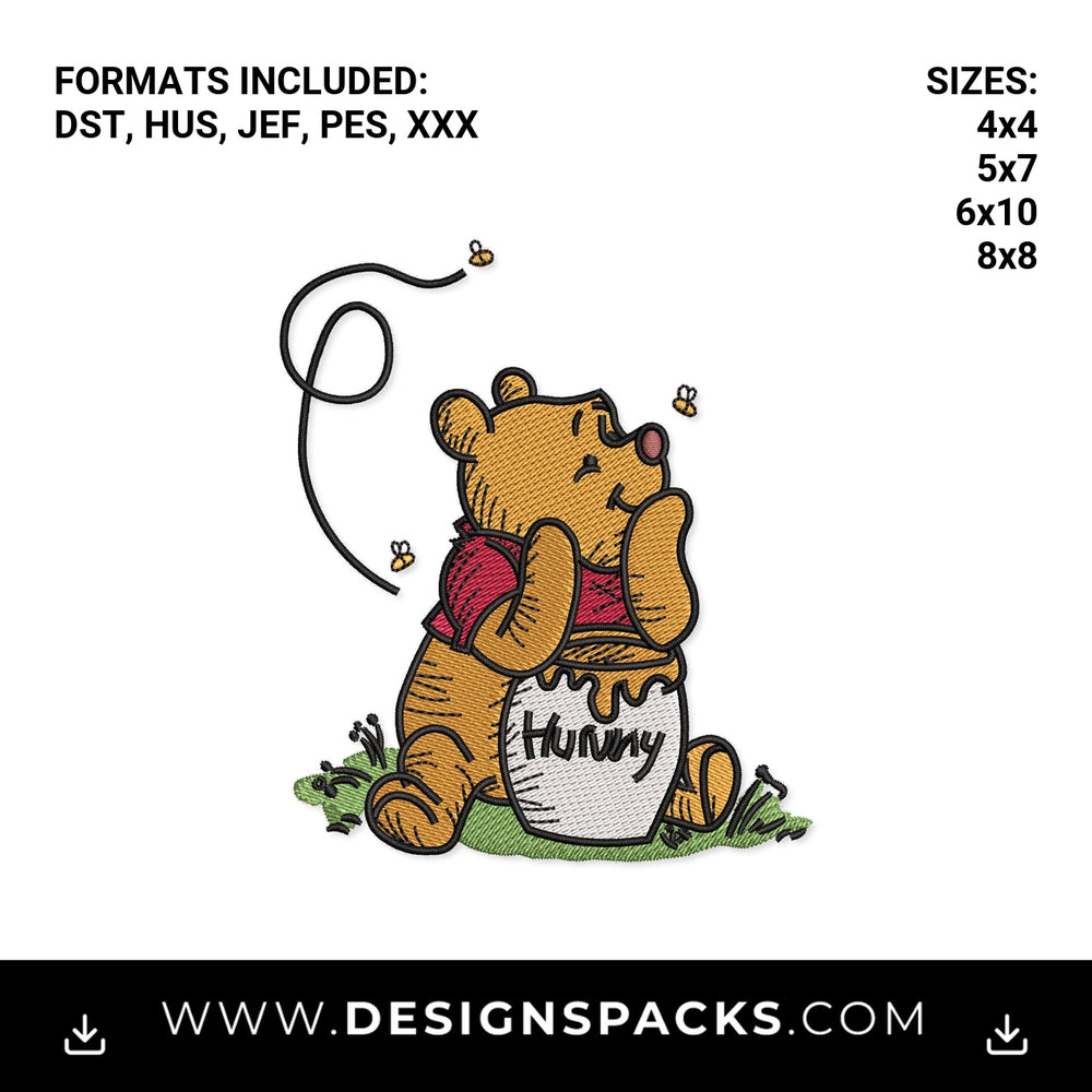 Cute Bear with Hunny Pot & Bees Embroidery Design - Instant digital download pattern at Designspacks.com