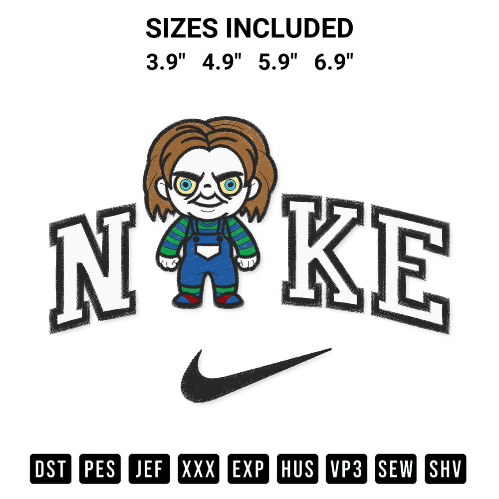 Stitch like a pro with the Nike Chucky Horror Embroidery Design embroidery pattern from Designspacks.com. High-quality digital machine embroidery file. Available sizes: 3.9", 4.9", 5.9", 6.9".