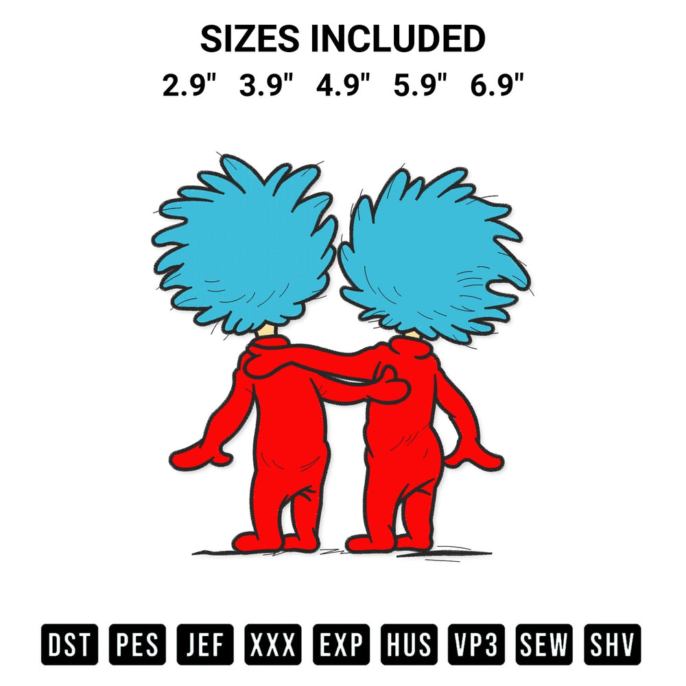Shop the Thing One And Thing Two Embroidery Design machine embroidery pattern at Designspacks.com. Beautifully digitized for flawless stitching on any fabric. Available sizes: 2.9", 3.9", 4.9", 5.9", 6.9".