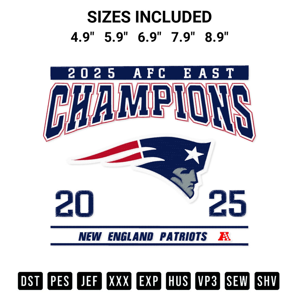 Discover the perfect addition to your crafting collection: Afc East Champions 2025 New England Patriots Embroidery Design embroidery file. Instantly available at Designspacks.com. Available sizes: 4.9", 5.9", 6.9", 7.9", 8.9".