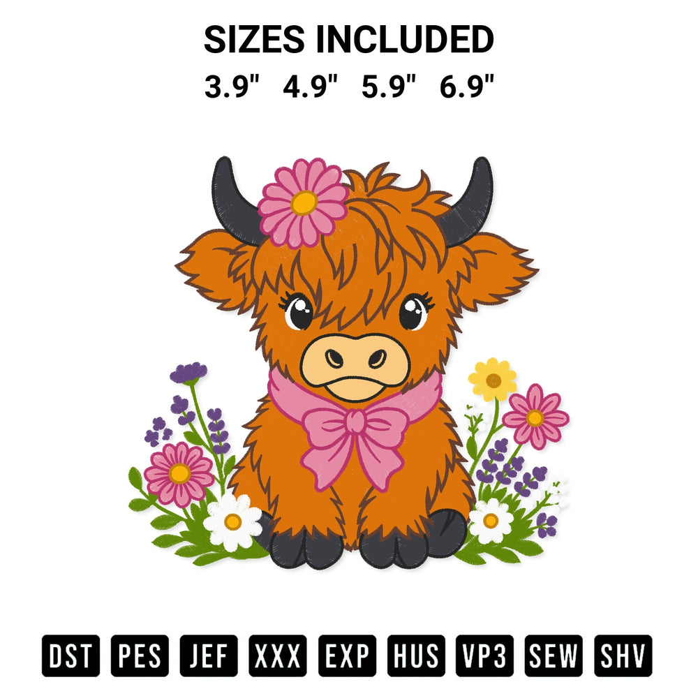 Elevate your next project with our Floral Highland Cow With Pink Bow Embroidery Design embroidery file. Shop high-quality digital patterns instantly at Designspacks.com. Available sizes: 3.9", 4.9", 5.9", 6.9".