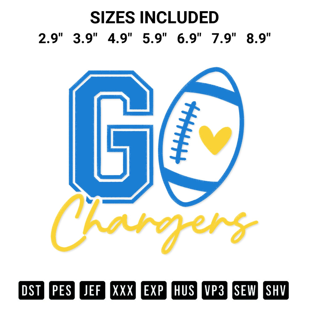 Looking for the perfect pattern? Download the Go Chargers Football Embroidery Design embroidery design today at Designspacks.com. Crisp, clean stitching guaranteed. Available sizes: 2.9", 3.9", 4.9", 5.9", 6.9", 7.9", 8.9".