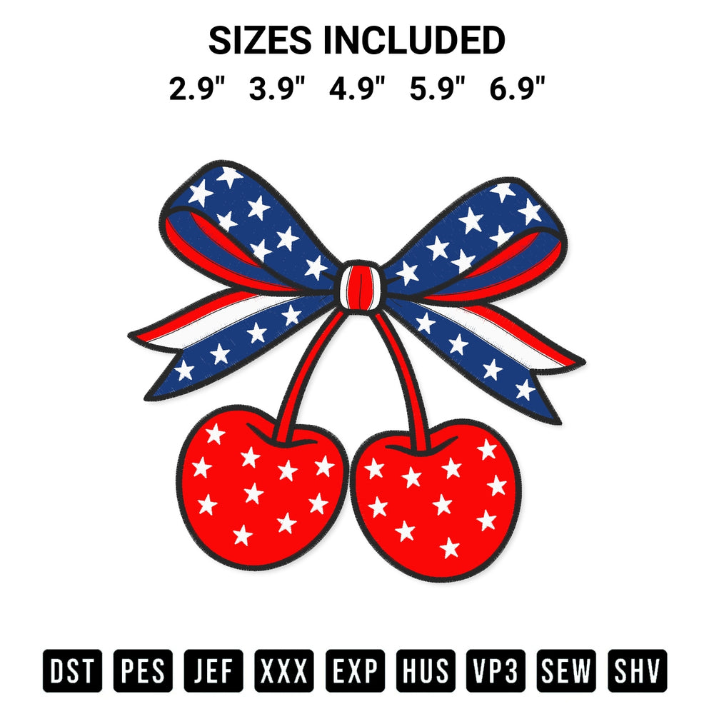 Download the Coquette Bow Cherry 4Th Of July Embroidery Design machine embroidery design exclusively at Designspacks.com. Premium digitized pattern for apparel and DIY crafts. Available sizes: 2.9", 3.9", 4.9", 5.9", 6.9".