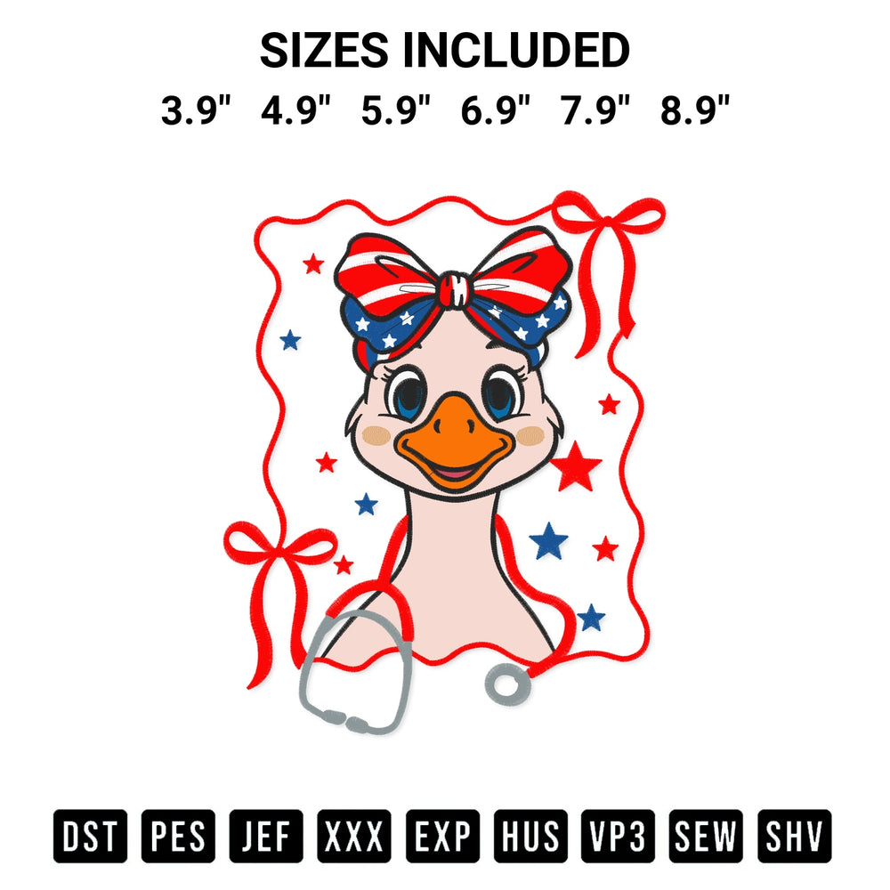 Add a unique touch to your apparel with the Goose Nurse Stethoscope Patriotic Embroidery Design embroidery file. Premium instant download available now on Designspacks.com. Available sizes: 3.9", 4.9", 5.9", 6.9", 7.9", 8.9".