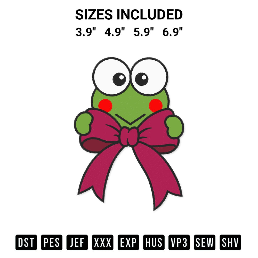 Stitch like a pro with the Keroppi Coquette Bow Embroidery Design embroidery pattern from Designspacks.com. High-quality digital machine embroidery file. Available sizes: 3.9", 4.9", 5.9", 6.9".