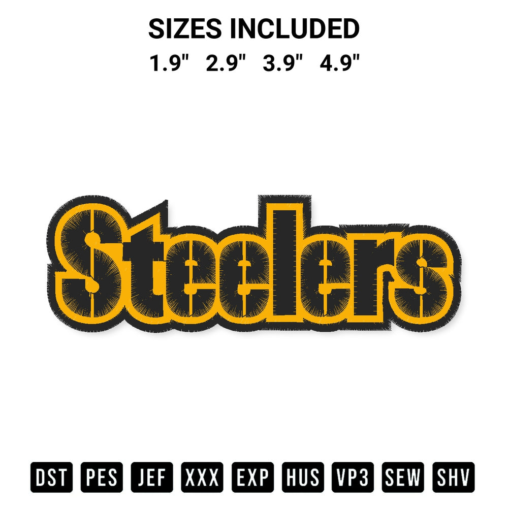 Create amazing crafts with the Pittsburgh Steelers Wordmark Embroidery Design embroidery file. High-quality digital download from Designspacks.com, perfect for beginners and pros. Available sizes: 1.9", 2.9", 3.9", 4.9".