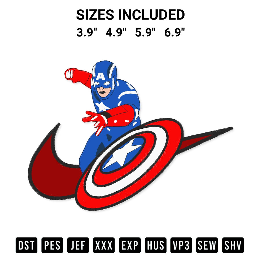 Elevate your next project with our Swoosh Captain America Embroidery Design embroidery file. Shop high-quality digital patterns instantly at Designspacks.com. Available sizes: 3.9", 4.9", 5.9", 6.9".