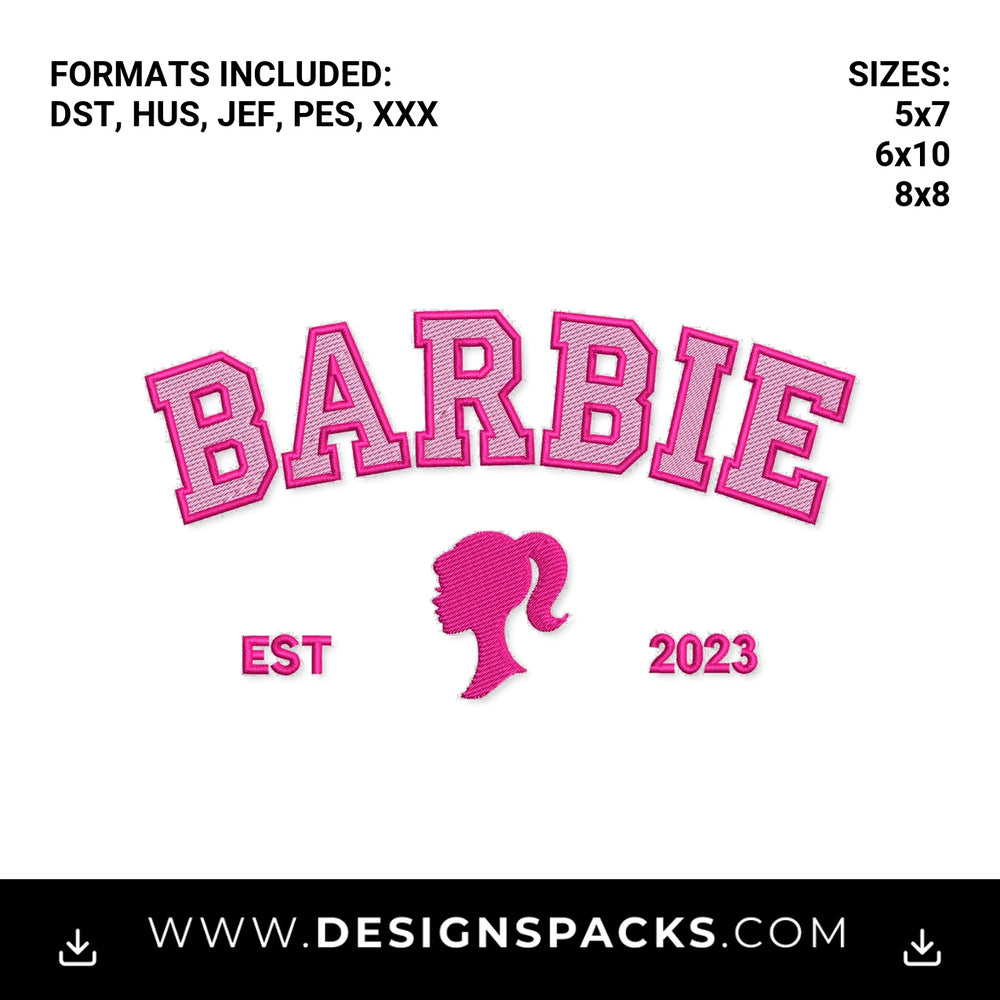 Barbie Varsity Est 2023 Silhouette Embroidery Design - Instant digital download pattern at Designspacks.com