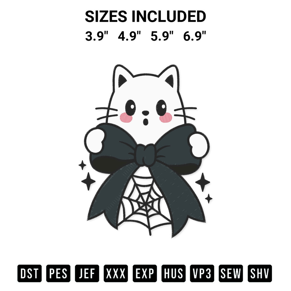 Stitch like a pro with the Halloween Cat Ghost Witch Coquette Embroidery Design embroidery pattern from Designspacks.com. High-quality digital machine embroidery file. Available sizes: 3.9", 4.9", 5.9", 6.9".