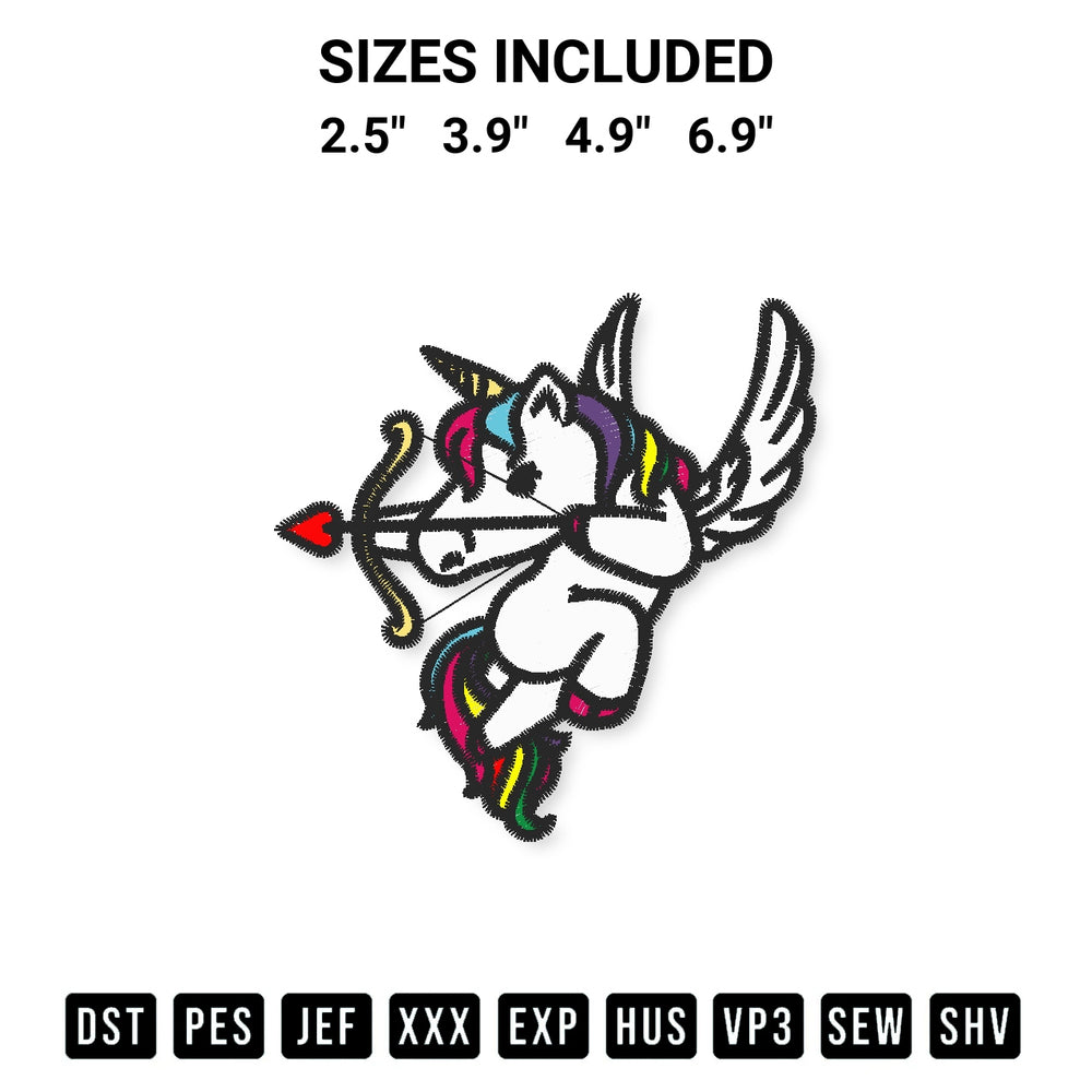 Download the Cupid Unicorn Embroidery Design machine embroidery design exclusively at Designspacks.com. Premium digitized pattern for apparel and DIY crafts. Available sizes: 2.5", 3.9", 4.9", 6.9".