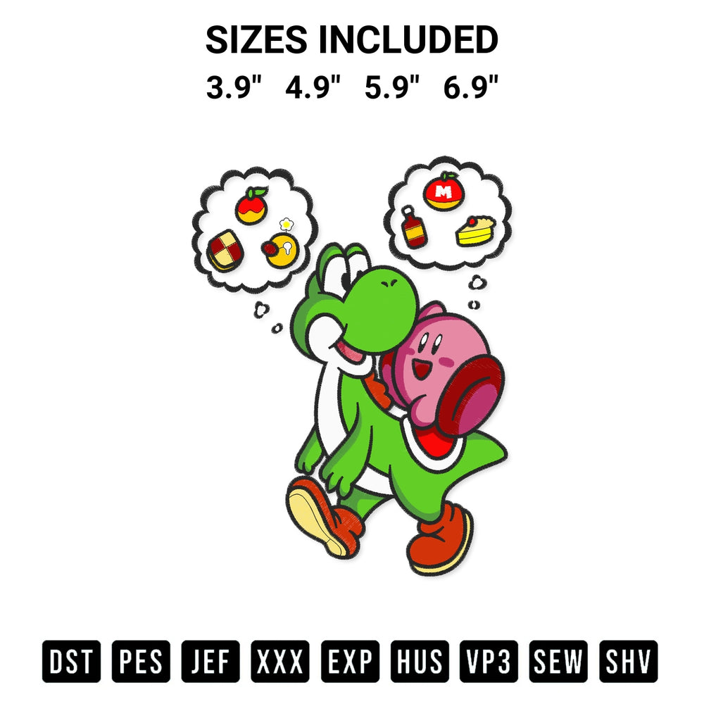 Create amazing crafts with the Yoshi And Kirby Embroidery Design embroidery file. High-quality digital download from Designspacks.com, perfect for beginners and pros. Available sizes: 3.9", 4.9", 5.9", 6.9".